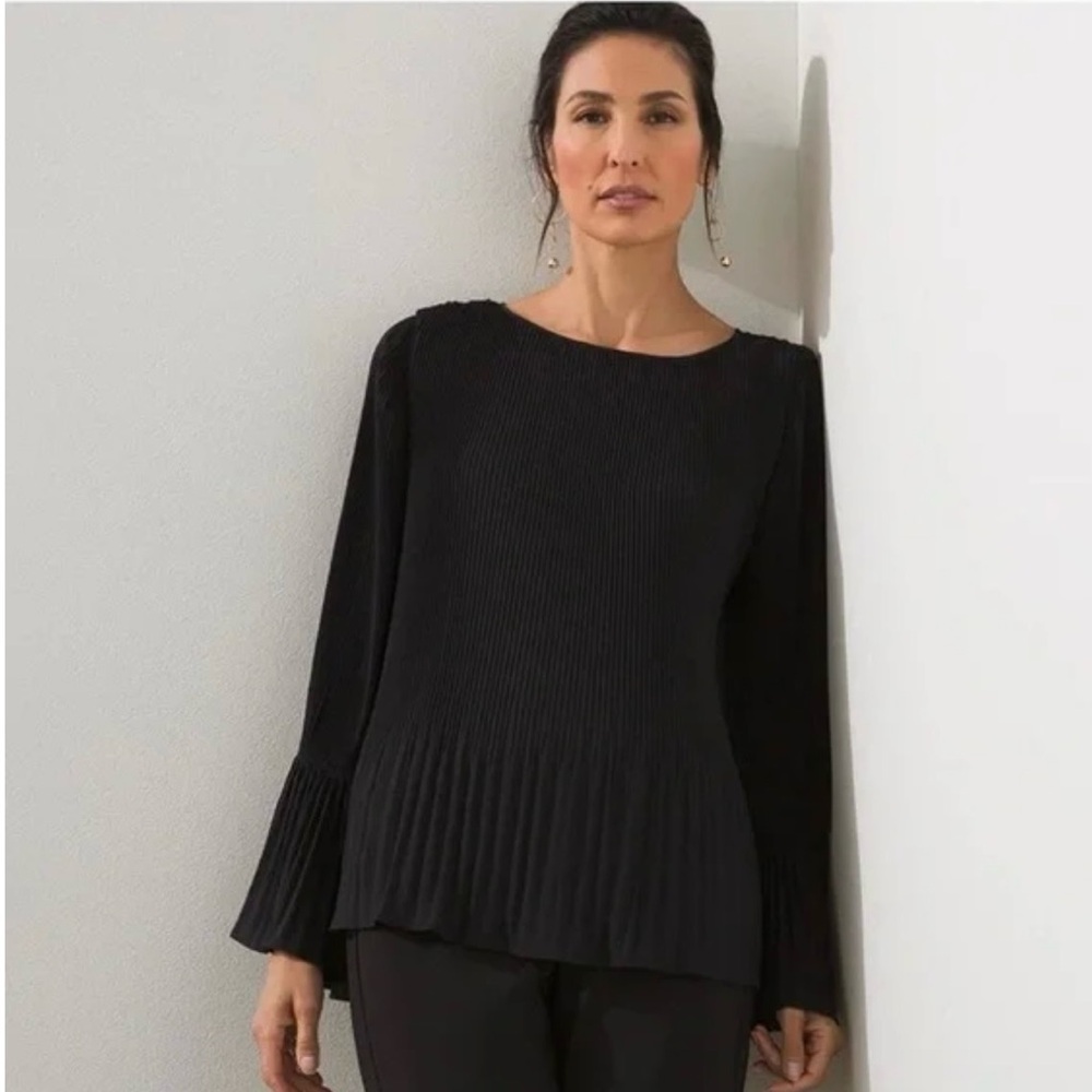 NWT, Chico’s Black Label Pleat Release Blouse Long Bell Sleeves, Sz XL